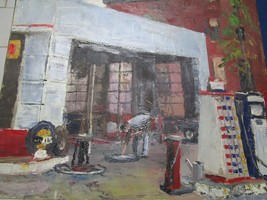 Frank C. Herbst American 1912-1970 The Gas Station Oil On Canvas Original 25X16&quot; - £600.83 GBP