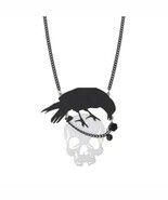 RAVEN AND SKULL NECKLACE Lg 3.75" Acrylic Statement Pendant Spooky Halloween Fun - $7.95