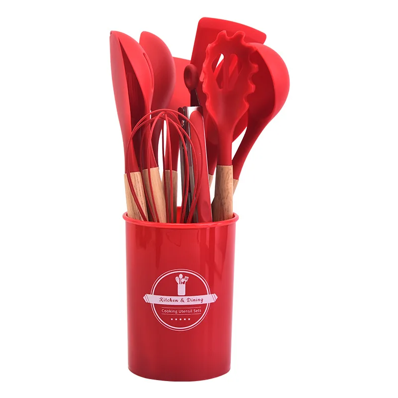 12Pcs Silicone Kitchen Utensils Cooking Wooden Handle (Red) - £25.54 GBP