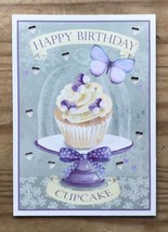 Karen Tye Bentley Sparkly Happy Birthday Cupcake Purple Butterfly Greeti... - £6.23 GBP