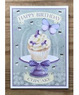 Karen Tye Bentley Sparkly Happy Birthday Cupcake Purple Butterfly Greeti... - £6.21 GBP