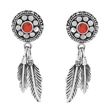 Boho Chic Synthetic Red Coral Inlay Flower and Feather Sterling Silver Earrings - £14.70 GBP