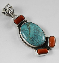 925 Solid Silver Natural Turquoise &amp; Coral Pendant Necklace Women Gift PS-2532 - £63.77 GBP