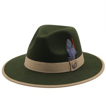New Men’s Green &amp; Tan Fedora Wool Feather Dress Hat (Size 56-58CM) - $30.69