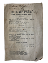 VIntage WWI Era Bill Of Fare For 10 Days 200 Men Army Appropriation Book... - $18.49