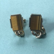 Vintage Swank Marked Pair of Brown Tigereye Rectangle in Goldtone w Chain Cuff  - £10.27 GBP