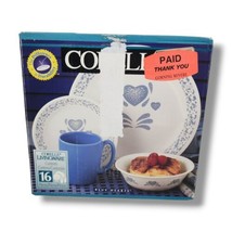 Vintage Corelle 16 Piece Set Blue Hearts Place Settings for 4 Country Plates Mug - £47.07 GBP