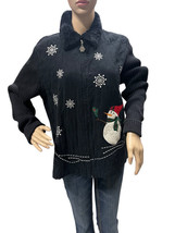 Breckenridge Snowman Snowflake Holiday Black Zip Up Faux Fur Cardigan Sw... - £14.15 GBP