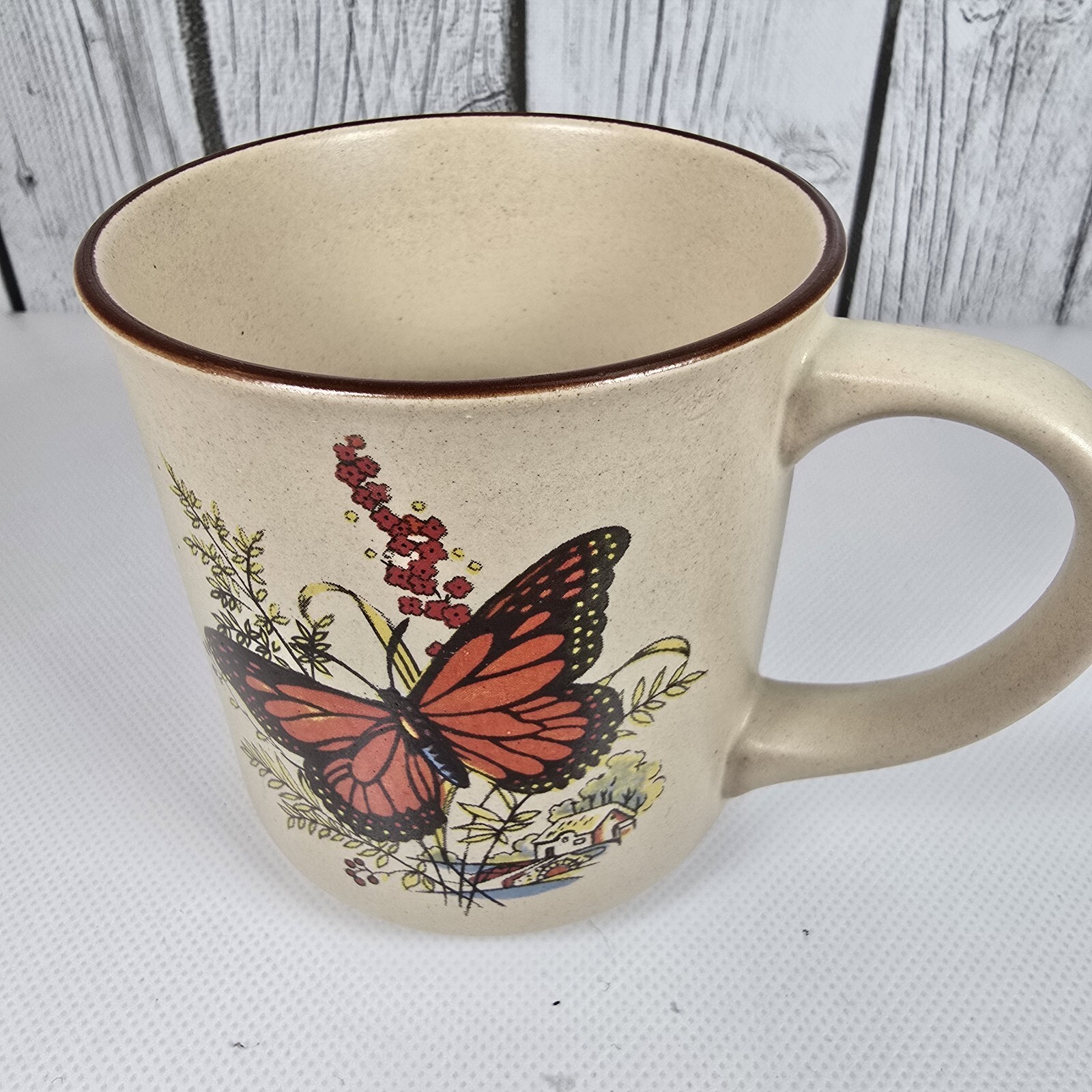Vintage Stoneware Mugs Set Of 3 Blue Orange Butterfly Motif Brown Rim 12 oz Item image 12
