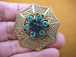 (bb601-130) Two tone Blue rhinestone star flower gold octagon brooch pin pendant - £15.50 GBP