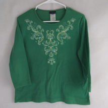 Trilllogy Women&#39;s Green Embroidered Beaded Shirt Size Large - $13.57