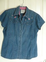 Wrangler Womens Western Wear Denim Embroidered Short Sleeve Blouse size ... - $18.69