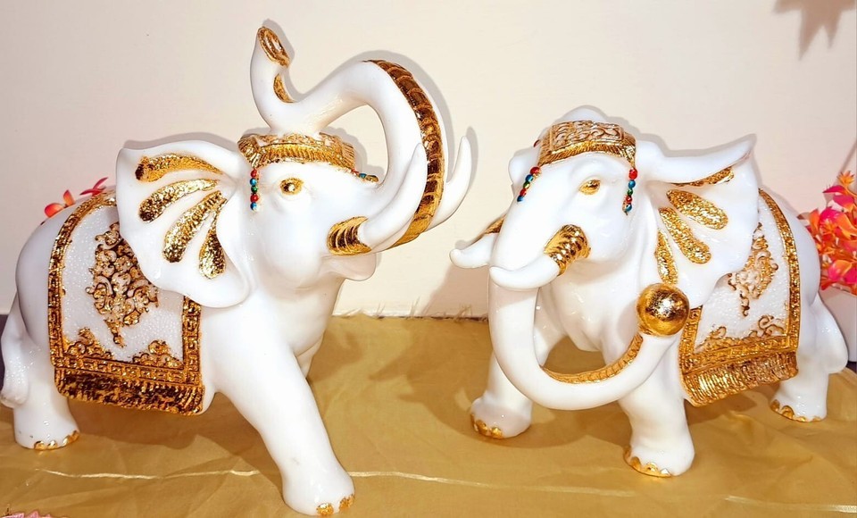 Marble Dust Elephant Pair - Vastu Zen Decor White Elephant Figurine - $317.44