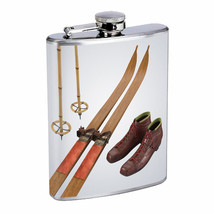 Vintage Skiing Skier Skis D38 Flask 8oz Stainless Steel Hip Drinking Whiskey B&amp;W - £11.70 GBP