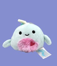 Squishmallow 3.5” Valentines Furry Belly Niema Narwhal Clip On Keychain - $16.79