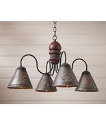 4 ARM AGED RED WOODEN CAMBRIDGE CHANDELIER W/ TIN PUNCH SHADES COUNTRY L... - £276.87 GBP