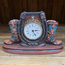Rustic Western Table Clock Cowboy Boots Horse Shoe Country Desk Decor Gift - $24.01
