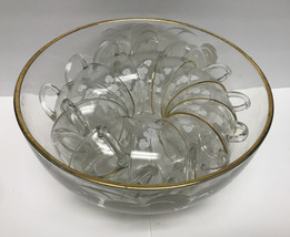 VTG 10&quot; Glass Punch Bowl &amp; 12 cups - £47.08 GBP