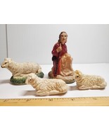 Vintage 4 PC Lot Nativity Putz Figures Kneeling Shepherd 3 Sheep Soft Ru... - $12.77