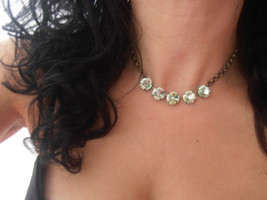 Swarovski Crystal Necklace, Chrysolite Green, 12mm, Rivoli Choker, Antique Brass - £44.70 GBP