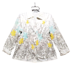 JH Cotton Shirt Topper M Pastel Floral Blouse Aqua Yellow Grey Spring Cottage - £23.22 GBP
