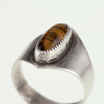 Sterling Silver Tiger&#39;s Eye Cabochon Ring Signed Denny Size 6.25 - $118.79