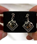 Sterling Silver 925 Baltic Green/Brown Amber Square Cut Dangle Earrings - £14.05 GBP