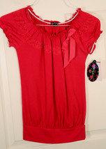 Tempted Girls S Knit Shirt Lace Ribbon Hot Pink Ruffle Elastic Neck &amp; Sleeve Nwt - £4.28 GBP