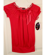 TEMPTED GIRLS S KNIT SHIRT LACE RIBBON HOT PINK RUFFLE ELASTIC NECK &amp; SL... - €4,69 EUR