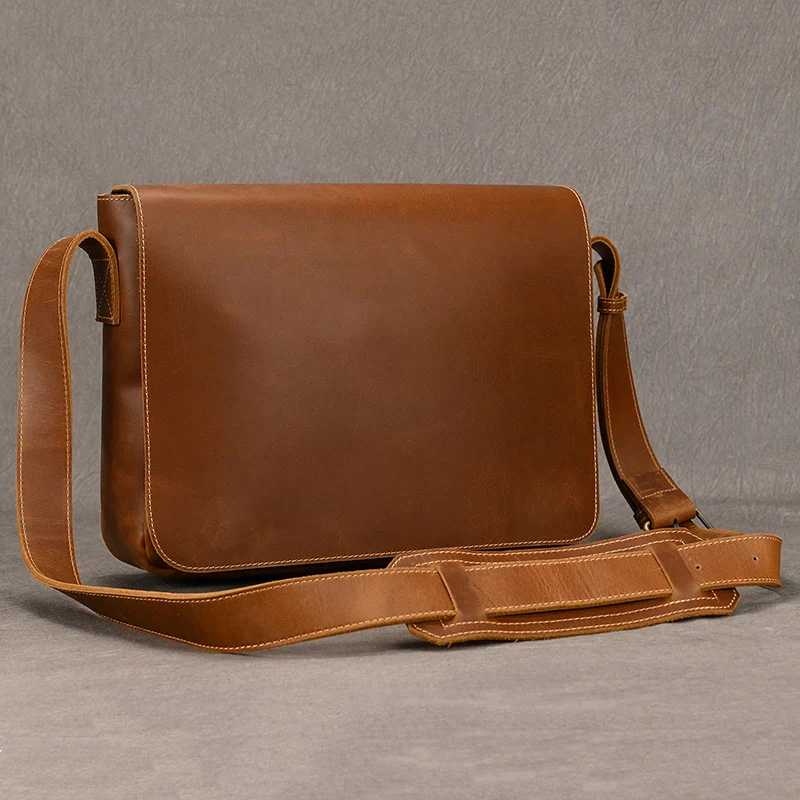 Men&#39;s Genuine Leather Shoulder Bag Crazy Horse Leather Crossbody Bag Hig... - $138.31