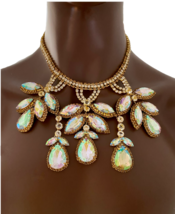 Luxury Golden Aurora Borealis Crystal &amp; Rhinestones Party Bib Statement Necklace - £32.65 GBP