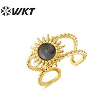 Sunflower Labradorite Stone Opening Ring Stainless Steel Gold Plated Fashion Nat - £53.70 GBP