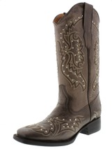 Womens Brown Western Cowboy Boots Silver Studs Stitched Square Toe Size ... - £63.68 GBP