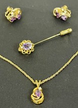 Purple Amethyst Rhinestone Pendant 17&quot; Necklace And Earrings Set - £34.23 GBP