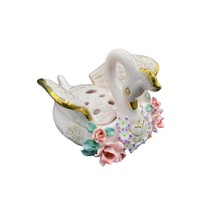 Vintage Lefton Pink Porcelain Swan Flower Frog With Applied Flower Gold accents - £30.99 GBP