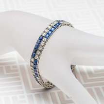 Art Deco Princess Blue Sapphire Diamond and Bracelet 14k White Gold Over 14.25Ct - £148.68 GBP