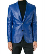 Blazer uomo formale elegante moda nuovo blu fatto a mano vera pelle di a... - $235.40 CAD+