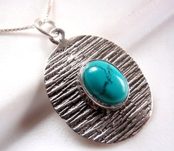 Turquoise Ellipse on Etched Lines Pendant 925 Sterling Silver Oval New - £9.37 GBP