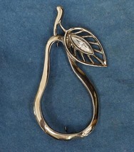 Vintage Costume Jewelry Silver Tone Metal Rhinestone Open PEAR Fruit Brooch Pin - £19.45 GBP