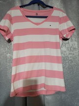 Tommy Hilfiger V Neck Shirt Top Blouse Women’s Pink White Stripe Young Adult XL - £7.05 GBP