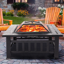 Outside Fire Pits 32&quot; Wood Burning w Screen Lid Poker BBQ Net Ice Tray Food Clip - $111.82