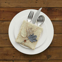 Leaf Jute Burlap Utensil Holder Fork Knife Spoon Teal Sage Set of 4 Thanksgiving - £15.34 GBP