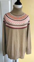 L.L. BEAN Tan/Peach/Burgundy Fair Isle Cotton Cashmere Turtleneck Sweate... - £14.02 GBP