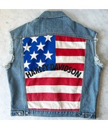 Harley-Davidson Men&#39;s US American Flag Distressed Blue Denim Vest - Size... - £59.73 GBP