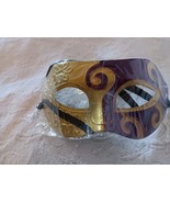 RETRO MASQUERADE MARDI GRAS  HALLOWEEN MASK GOLD &amp; DARK PURPLE BLACK TIE... - $7.91