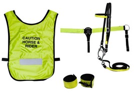 Reflective Safety Adult Vest + Black Nylon Bridle + Breast Collar + Leg ... - $68.80