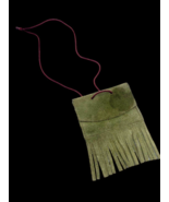 Vintage Suede Purse Little Girl / Doll Bear Crossbody Olive Green Fringe... - $13.47