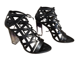 APERLAI  Black Strappy Lace Up Shoes with Molded Lucite Gradiant Heel - 38 - $164.00