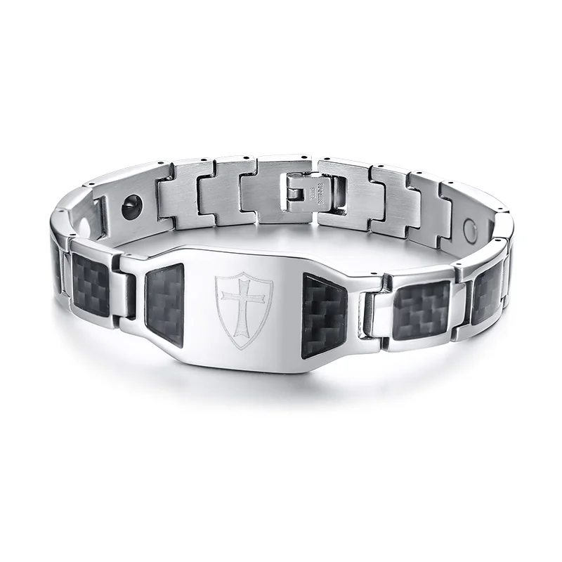 Cross Magnetic Bracelet Men Stainless Steel Hand Chain ID Bracelets Black Carbon - £26.47 GBP
