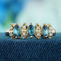Natural London Blue Topaz and Diamond Vintage Style Ring in Solid 9K Yellow Gold - £590.18 GBP